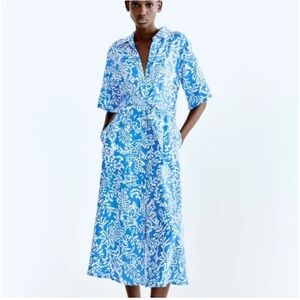 New Zara Floral Printed Linen Shirt Dress